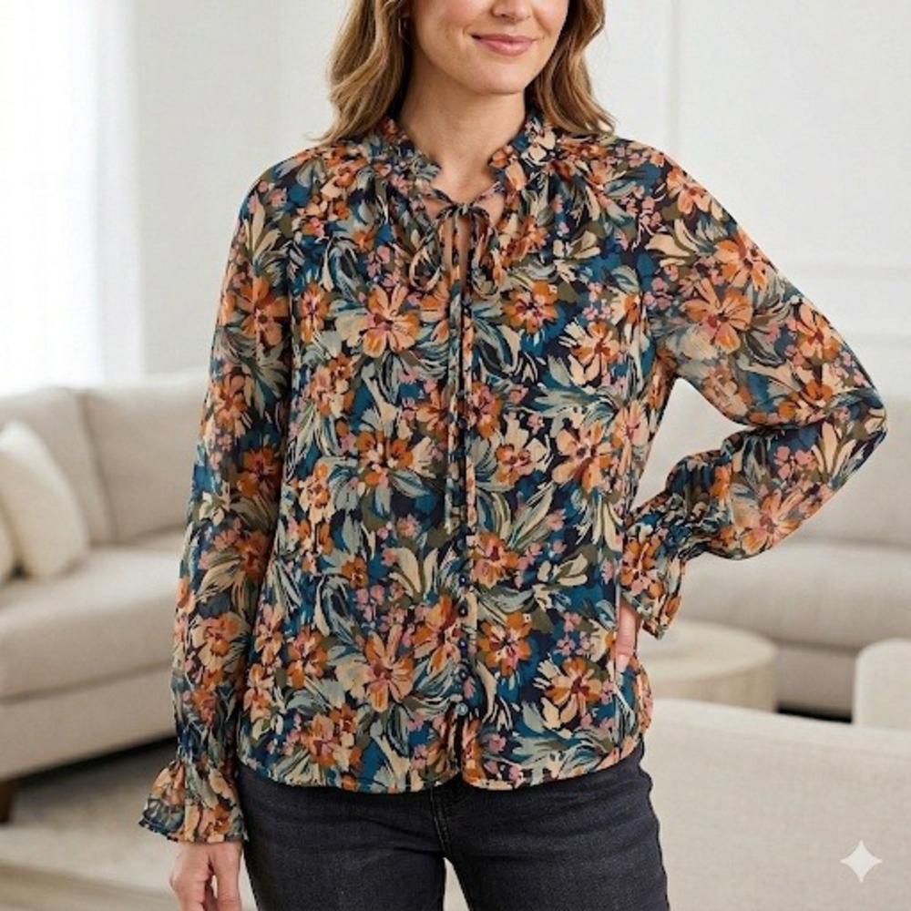 Impressions Floral Long Sleeve Button Down Blouse Black Tan‎ Medium Gathered